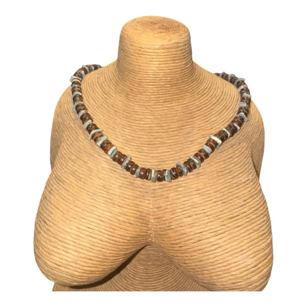 Brown Wood Beads with Turquoise Chips LS - Picture 2 of 2
